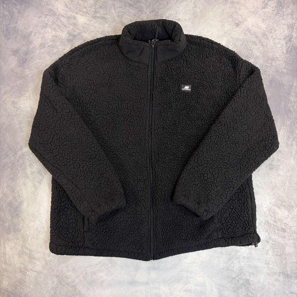 New Balance Sherpa Fleece Jacket Mens Large Black Full Zip Mock Neck Logo